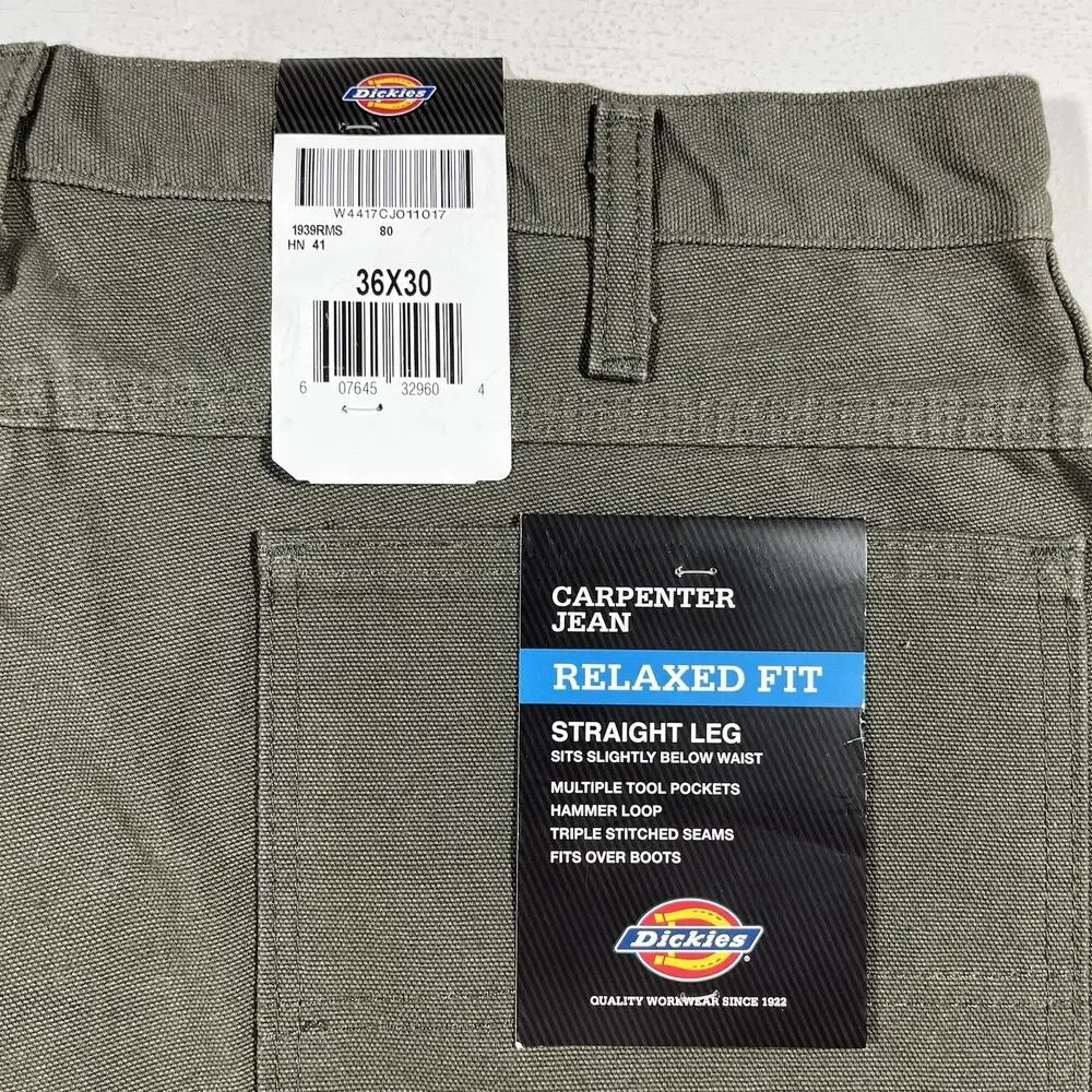 Dickies Carpenter Jeans Mens 36x30 Military Green Relaxed Fit Work Pants NWT